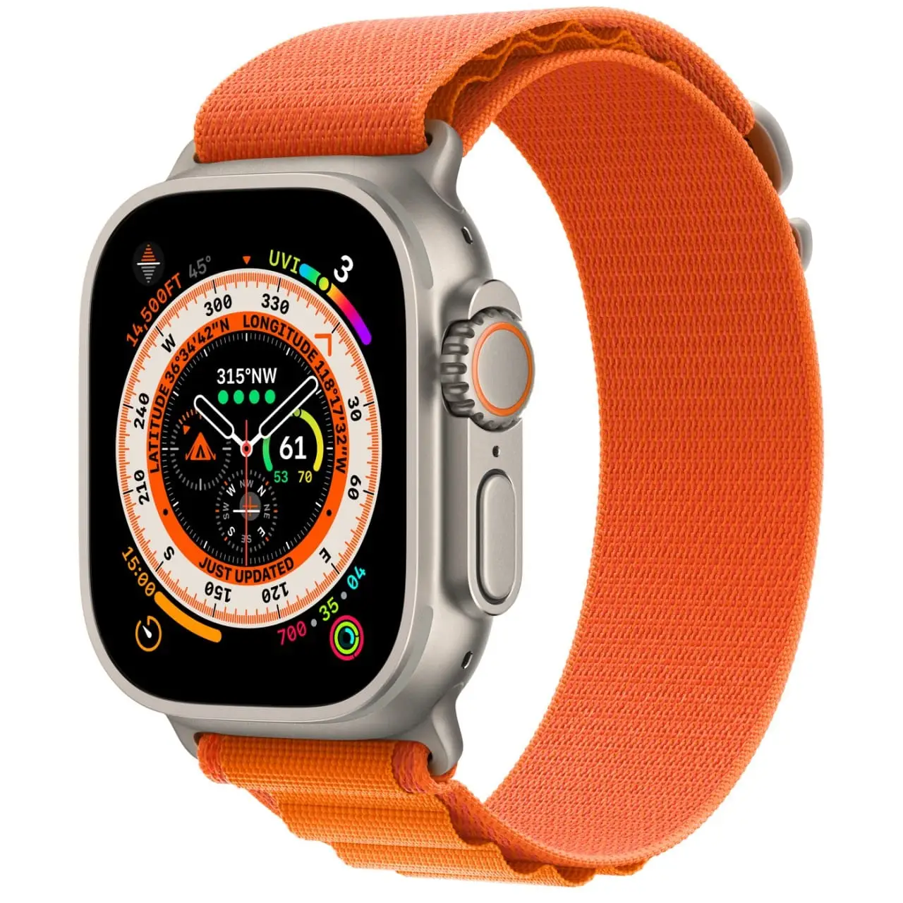 Apple Watch Ultra LTE 49 мм Титановый Корпус, Титановый/оранжевый, Текстильный Ремешок Размера L