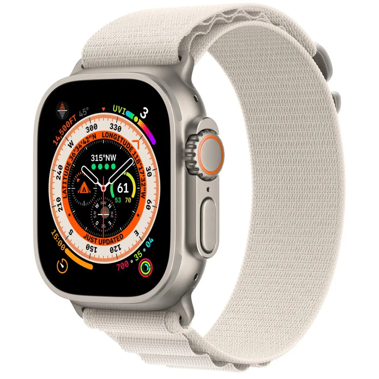 Apple Watch Ultra LTE 49 мм Титановый Корпус, Титановый/звездный Свет, Текстильный Ремешок Размера S